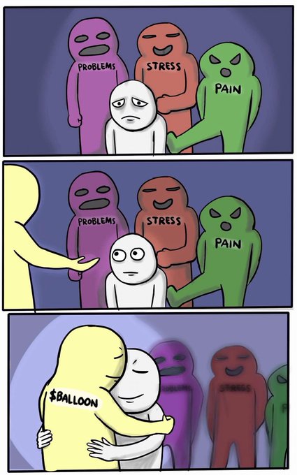 A sad white figure is surrounded by menacing labeled figures—"PROBLEMS," "STRESS," and "PAIN"—until a yellow figure labeled "$BALLOON" appears and embraces it, causing the person to smile and the negative figures to fade into the background. The image humorously suggests that the cryptocurrency or token "$BALLOON" has the power to banish life's troubles.