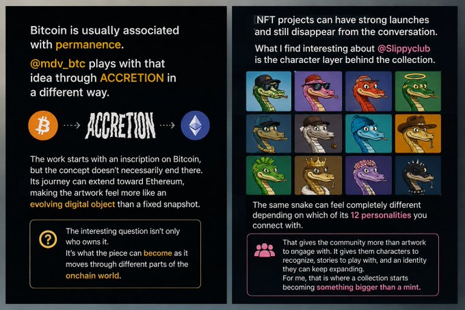 An informational graphic discussing Bitcoin and the NFT project ACCRETION by @mdv_btc, explaining how inscriptions travel between Bitcoin and Ethereum, alongside the @Sippypclub NFT collection featuring snake characters with 12 different personalities.