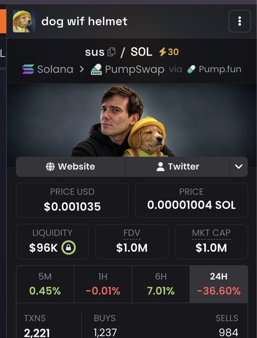 A cryptocurrency trading interface showing a token called 'dog wif helmet' on Solana via PumpSwap, with a humorous image of a man and a dog both wearing yellow construction helmets, priced at $0.001035 with a market cap of $1.0M.