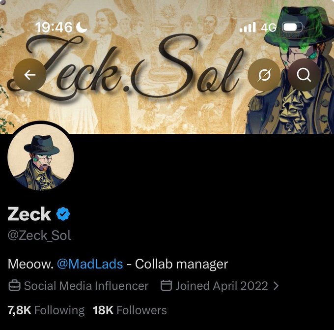 The image shows the Twitter/X profile page of Zeck (@Zeck_Sol), a verified social media influencer associated with MadLads, displaying 18K followers alongside a stylized avatar and "Zeck.Sol" banner—visually celebrating the 18k follower milestone referenced in the caption.