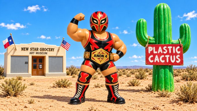 A wrestler in a red and black mask flexes his bicep in a desert scene, standing between the 'New Star Grocery Art Museum' and a 'Plastic Cactus' sign.