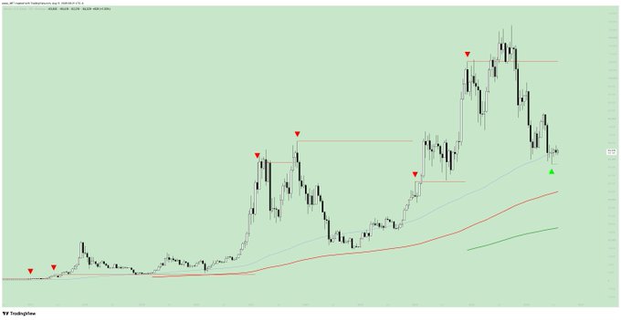 A 2W (2-week) candlestick chart of the DXY (U.S. Dollar Index) with key price action patterns marked. The chart shows the "green dorito" pattern highlighted by red arrows and horizontal lines marking key highs, with moving averages (cyan and red) supporting the recent upward price structure.