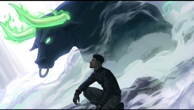 A man kneels before a massive, ethereal black bull with glowing green eyes and flame-like horns emerging from mist, evoking the mythic "Black Bull" referenced in the post about the $ANSEM memecoin's rise from obscurity to a global phenomenon.