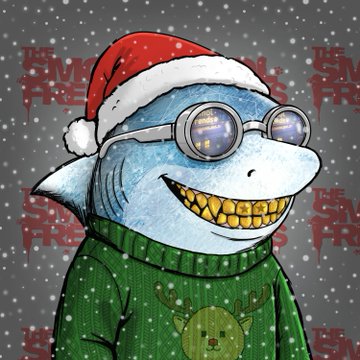 A cartoon illustration of a blue shark wearing a red and white Santa hat, silver sunglasses reflecting city lights, a green Christmas sweater with a reindeer, and gold teeth, set against a snowy background with red 'FREE' text watermarks.