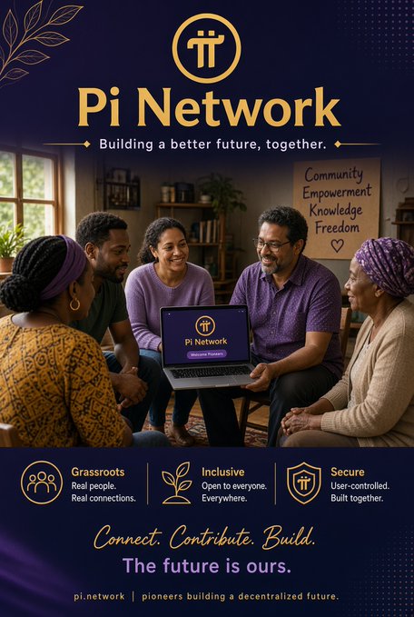 A promotional poster for 'Pi Network' featuring a diverse group of people smiling around a laptop displaying the Pi logo, with text 'Building a better future, together' and three pillars: 'Grassroots Real people. Real connections.', 'Inclusive Open to everyone. Everywhere.', and 'Secure User-controlled. Built together.'