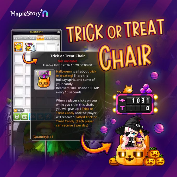 MapleStory promotional graphic for a 'Trick or Treat Chair' Halloween event item, showing the in-game inventory interface, item description, and a Halloween-themed chair design with a witch character and pumpkins, usable until 2026.10.29.
