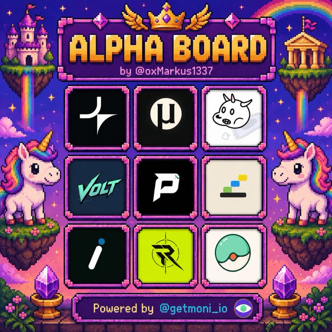 Pixel-art 'ALPHA BOARD by @oxMarkus1337' featuring logos of crypto projects (including VoLT and others) arranged in a grid flanked by unicorns and castles, powered by @getmoni_io.