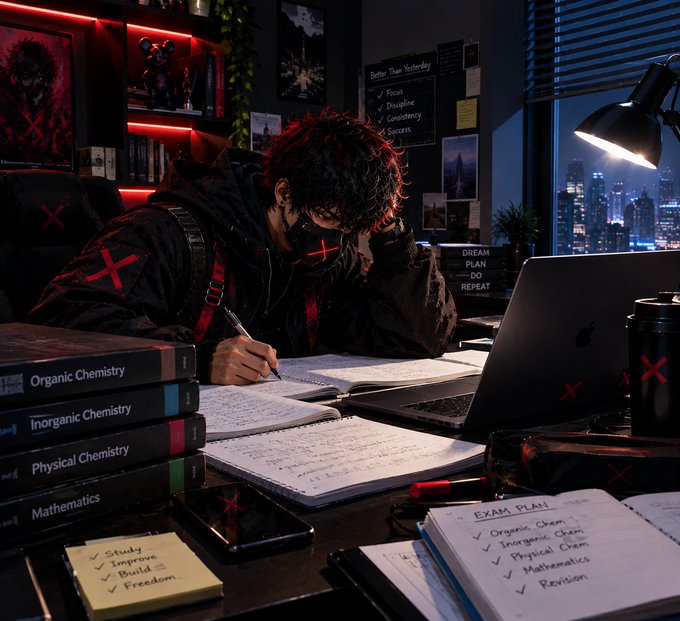 A stylized image of a person in a dark hoodie and mask studying intensely at a desk with chemistry textbooks, handwritten notes, and a study plan checklist.