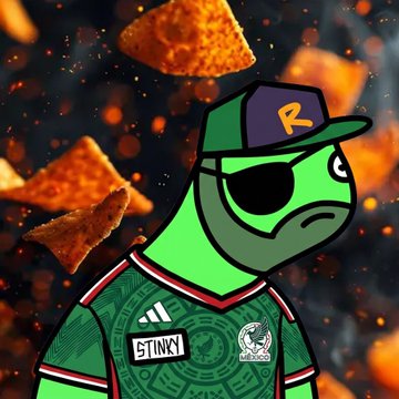 A cartoon green frog character wearing a purple cap with a yellow 'R' and an eye patch, dressed in a green Mexico-style soccer jersey, surrounded by floating tortilla chips.
