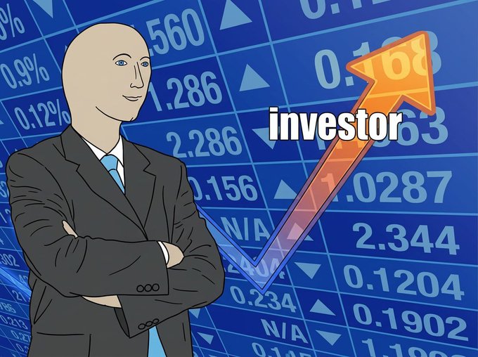 A stylized 'Soyjak' meme depicting a smug bald man in a suit with crossed arms against a blue stock market background with an upward orange arrow and the text 'investor.'