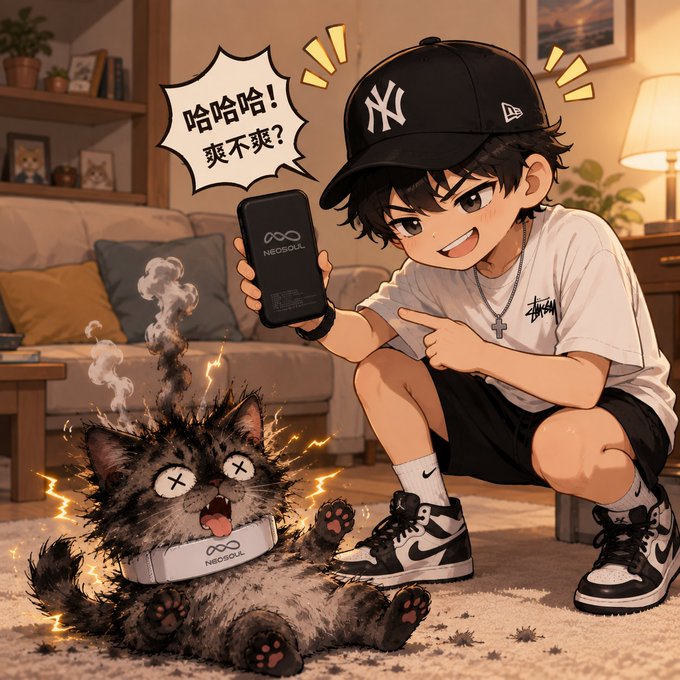 An anime-style illustration shows a boy in a Yankees cap laughing and pointing at a shocked, electrified cat wearing a 'NEOSOUL' collar, with a speech bubble reading '哈哈哈!爽不爽?' (Hahaha! Does it feel good?).