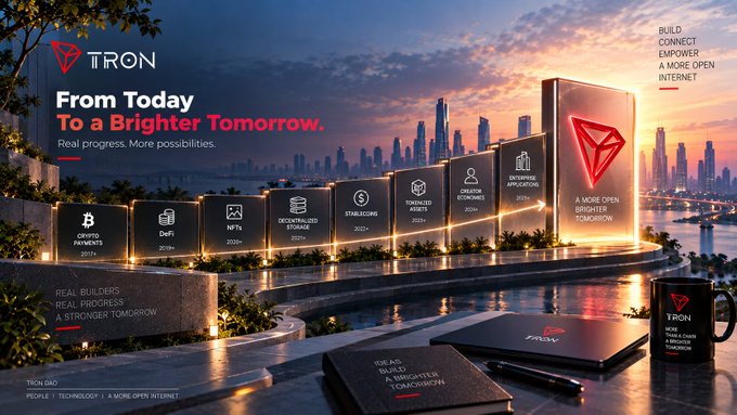 A promotional graphic for 'TRON' blockchain, showing a timeline from 'CRYPTO PAYMENTS 2014' to 'A MORE OPEN BRIGHTER TOMORROW' against a city skyline, with text 'From Today To a Brighter Tomorrow.'