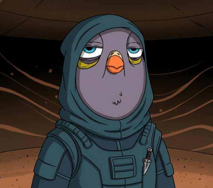 Cartoon illustration of a tired-looking bird character with droopy eyes wearing a dark hooded cloak and what appears to be tactical armor with a dagger.