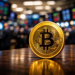 A golden Bitcoin coin sits prominently on a wooden surface with blurred traders and market screens in the background, symbolizing the strong performance of BlackRock's iBIT Bitcoin ETF (ticker: iBIT), which has delivered a 71% return since launching in January 2024, surpassing Vanguard's S&P 500 ETF return of 66%.