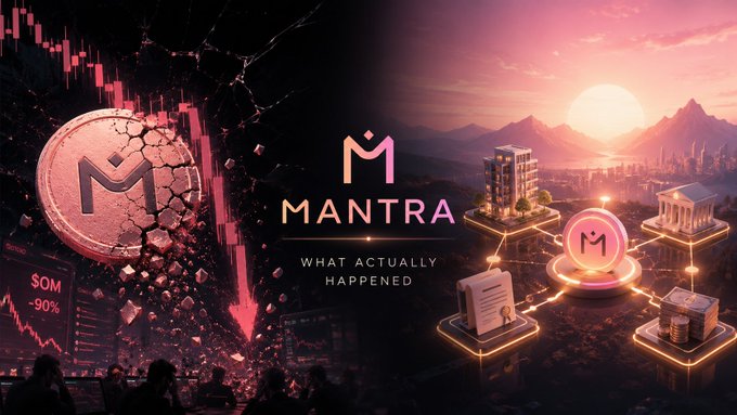 A thumbnail for a video about "MANTRA" reads "WHAT ACTUALLY HAPPENED," depicting a cracked coin on the left with "$OM -90%" and stylized RWA elements on the right.