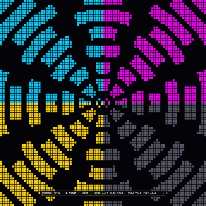 A pixelated abstract digital artwork with cyan, magenta, yellow, and gray rectangular pixel blocks arranged in geometric patterns on a black background, labeled 'QUANTUM ECHO' at the bottom.