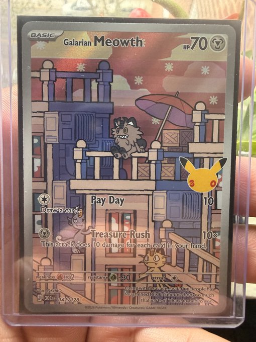 A photograph of a hand holding a holographic 'Galarian Meowth' Pokémon trading card, which features 'Pay Day' and 'Treasure Rush' attacks.