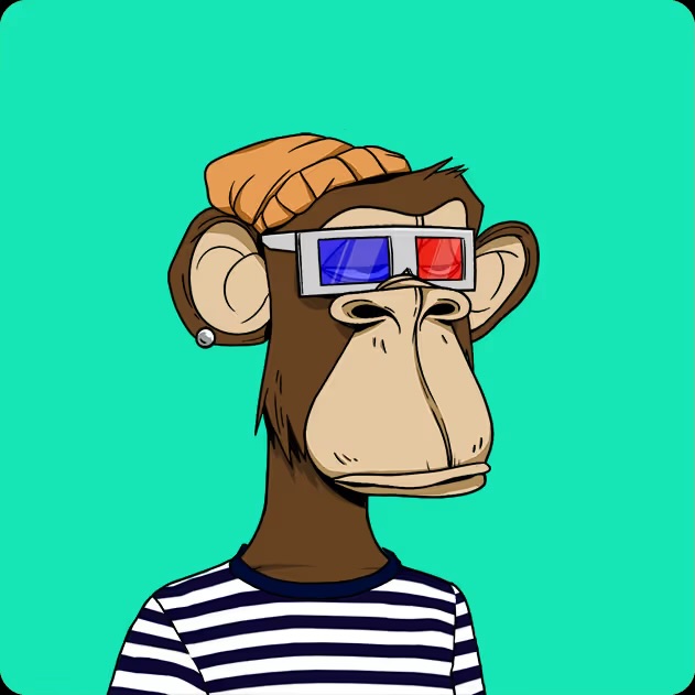 A cartoon illustration of a Bored Ape Yacht Club-style monkey wearing a striped shirt, beanie, and 3D glasses against a teal background.