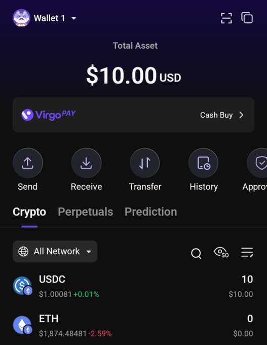 A screenshot of a digital crypto wallet app showing a total asset balance of '$10.00 USD', featuring options like Send, Receive, and Transfer, with holdings in USDC and ETH listed below.