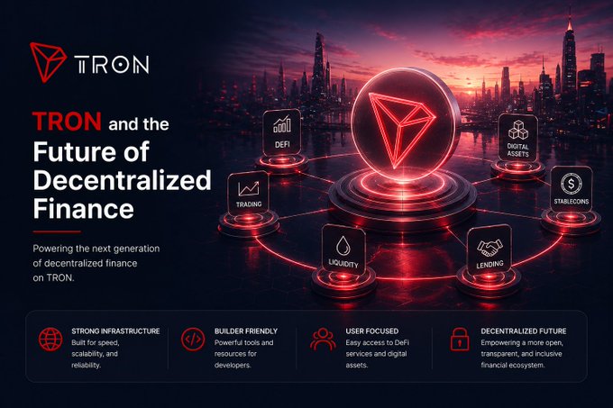 A promotional graphic for TRON titled 'TRON and the Future of Decentralized Finance', featuring a glowing red TRON logo connected to icons for DeFi, Digital Assets, Stablecoins, Trading, Liquidity, and Lending.