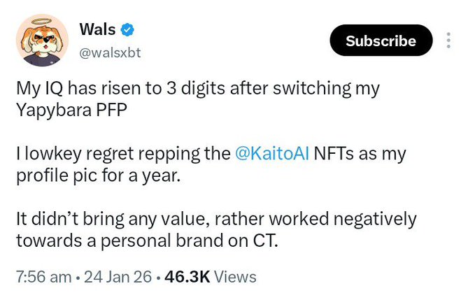 A tweet from Wals (@walsxbt) saying 'My IQ has risen to 3 digits after switching my Yapybara PFP,' noting regret over using @KaitoAI NFTs as a profile pic, posted 24 Jan 26 with 46.3K views.