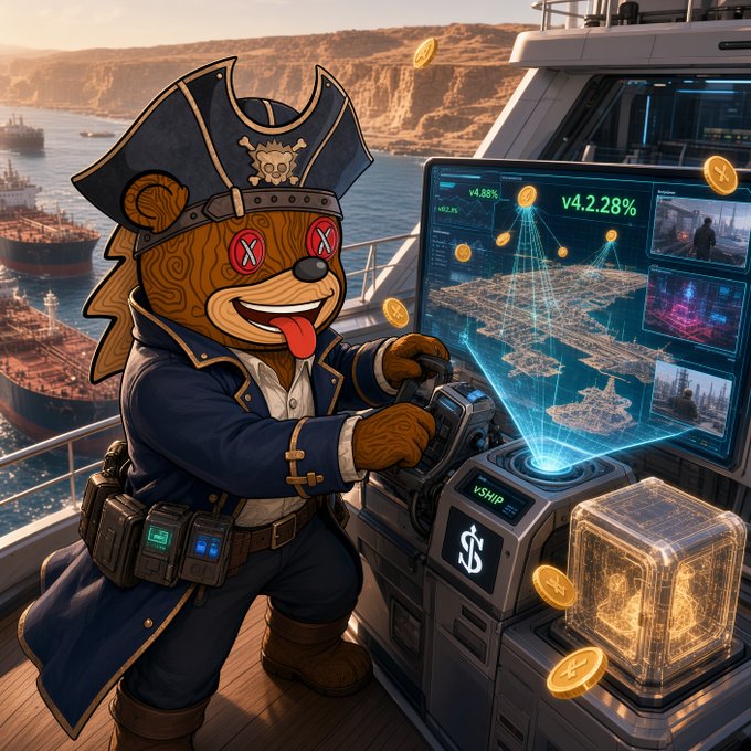 AI-generated illustration of a pirate bear mascot operating a holographic trading console displaying shipping routes and v4.2.28% data, with gold coins and nautical scenery in the background.
