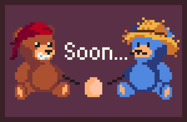 The image features two teddy bears, one brown and one blue, sitting next to each other with a sign above them that says "Soon...!" The text suggests an upcoming event or gathering related to their friendship.