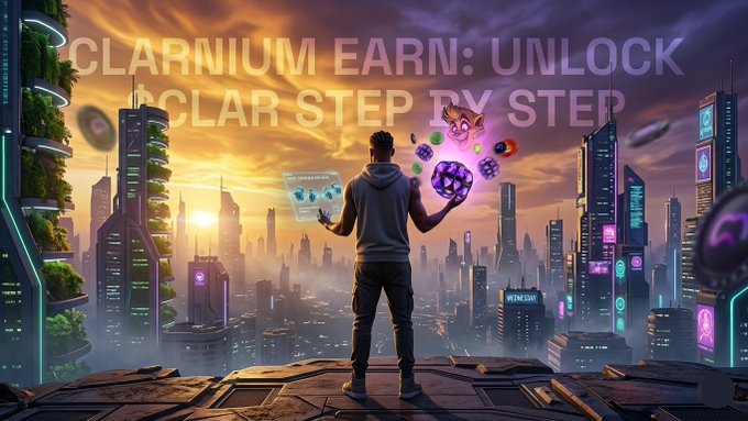 The image features a man standing on top of a rooftop, holding a crystal ball that appears to be glowing purple. The backdrop includes a cityscape with buildings of various sizes and colors, creating an urban setting. Below the scene, there's text that reads "Clarnium Earn: Unlock Solar Step by Step".