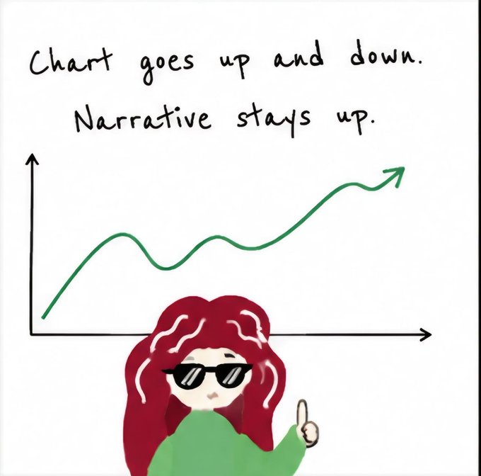 An illustrated graphic with a red-haired woman in sunglasses pointing at a chart, with the text 'Chart goes up and down. Narrative stays up.'