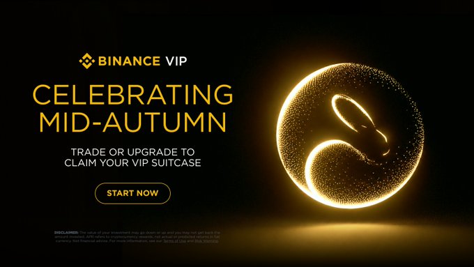 A Binance VIP promotional banner with gold text on a black background reading 'CELEBRATING MID-AUTUMN' and 'TRADE OR UPGRADE TO CLAIM YOUR VIP SUITCASE' with a 'START NOW' button, alongside a glowing golden circular design.