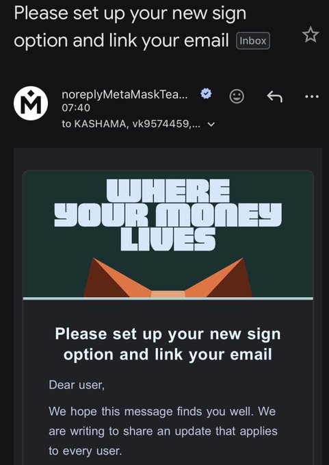Screenshot of a suspicious phishing email from 'noreplyMetaMaskTeam' urging the user to 'Please set up your new sign option and link your email,' with the subject heading 'WHERE YOUR MONEY LIVES.'