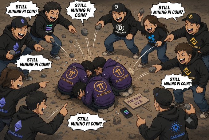 The cartoon shows a group of crypto enthusiasts wearing logos of major coins—Ethereum, Solana, Cardano, Dogecoin, Ripple, and Binance—mocking and throwing rocks at Pi Network users huddled together, repeatedly asking "STILL MINING PI COIN?" alongside a sign reading "PI NETWORK USER." The image satirizes the ridicule Pi Network pioneers have faced from other crypto communities, contrasting their early belief with the eventual utility-driven value the post claims the ecosystem will deliver.