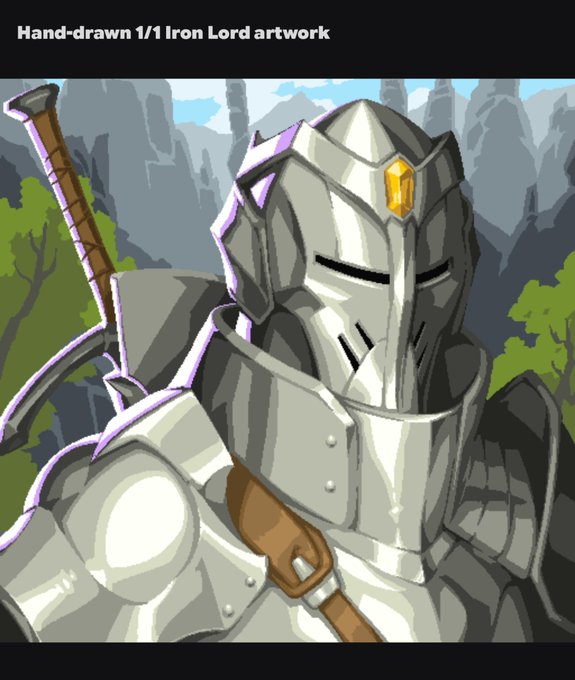 A hand-drawn 1/1 digital illustration of an armored "Iron Lord" with a closed-face helm, glowing amber gem, and sword strapped to the back, set against a mountainous backdrop, labeled "Hand-drawn 1/1 Iron Lord artwork" at the top—showcasing one of the 101 unique Iron Lord NFTs available through NucleusCodes for the Iron Allies mint.