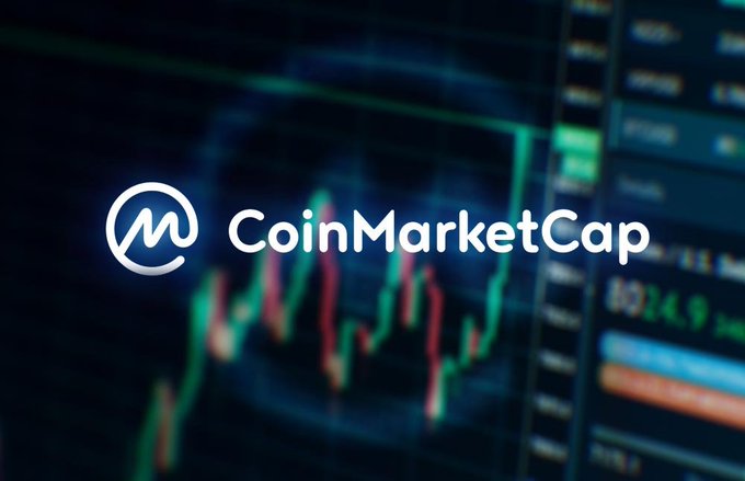The image displays the CoinMarketCap logo prominently in the center, with a blurred financial chart in the background featuring green and red candlestick patterns and visible numbers like "1024.9," symbolizing the cryptocurrency data platform referenced in the post about tokenization moving assets onchain.