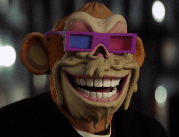 The image features a cartoon monkey wearing glasses that are purple with a smiley face design. The monkey appears to be smiling, giving off an impression of happiness or amusement. The background includes blurred lights, which could suggest that the photo was taken at night or in a dimly lit environment. The caption reads "GM I attempted to recreate the “Jack Nicholson Yes” meme with my Mutant @BoredApeYC using @grok Absolute nightmare fuel, if I had to see it then so do you!".
