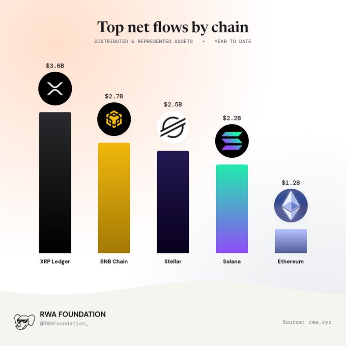 A bar chart titled 'Top net flows by chain' shows distributed and represented assets by chain, with XRP Ledger leading at $3.6B, followed by BNB Chain ($2.7B), Stellar ($2.5B), Solana ($2.2B), and Ethereum ($1.2B), credited to RWA Foundation.
