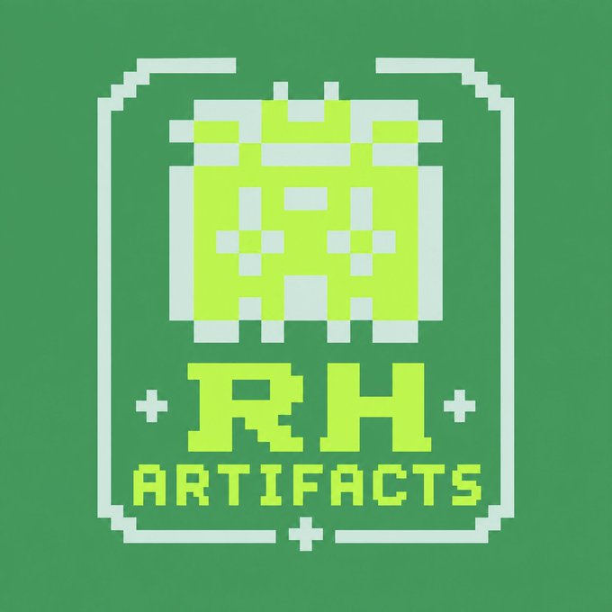 A green graphic displays a pixel art alien and the text '+RH+ ARTIFACTS'.