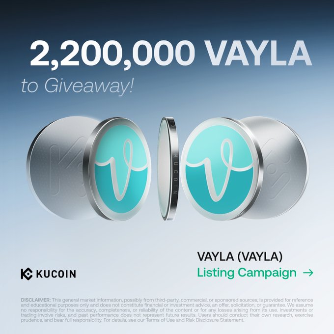 A promotional graphic announces a 2,200,000 VAYLA giveaway on KuCoin, featuring 3D-rendered VAYLA coin tokens alongside a "Listing Campaign" call-to-action, complementing the post about the VAYLA trading and Learn & Earn rewards program launching on the platform.