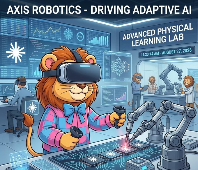 A cartoon illustration titled 'AXIS ROBOTICS - DRIVING ADAPTIVE AI' depicts a lion wearing a VR headset in an 'Advanced Physical Learning Lab' operating robotic arms on a circuit board, with other animal scientists working in the background.