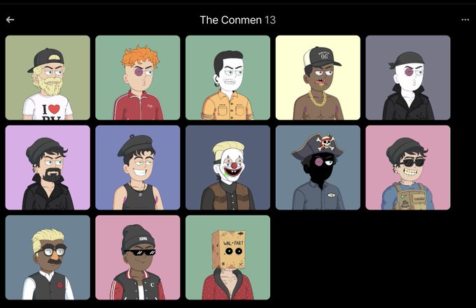 A digital NFT collection gallery titled 'The Conmen 13' displaying 13 cartoon-style character avatars with various distinctive features including sunglasses, masks, and eccentric outfits on a dark background.
