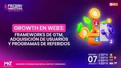 A Facebook advertisement for 'Growth en Web3' by M3, advertising courses on frameworks, agile methodologies, user acquisition, and referral programs.