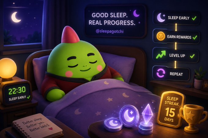The image features a cartoon green character, likely a frog or a monster, lying down in bed with its eyes closed while reading a book. The scene takes place at night, as indicated by the presence of a clock and a moon visible in the background. The main focus is on the character's peaceful sleep and their engagement with the book.