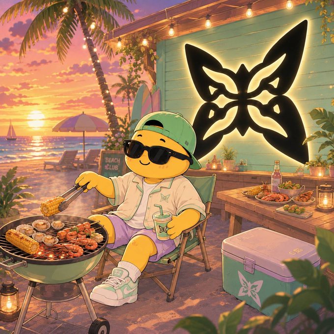 Colorful illustration of a yellow smiley character wearing a green cap and sunglasses, grilling food at a beachside setup with a glowing butterfly logo on the wall.