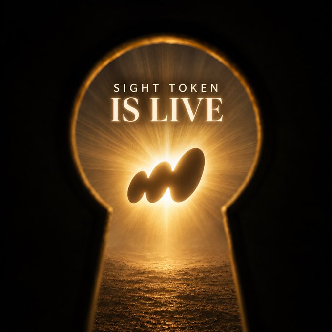 A silhouette of a person stands before a glowing golden sunset, with the text "SIGHT TOKEN IS LIVE" displayed prominently above, announcing the official launch of the $SGT Sight token featured in the accompanying post.