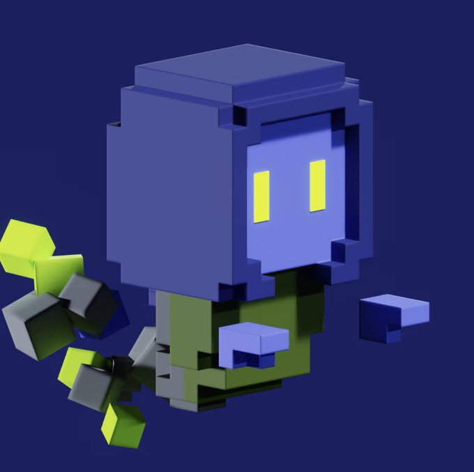 A 3D voxel-style rendering of a blue, blocky character with glowing yellow eyes and green limbs floating against a dark blue background.
