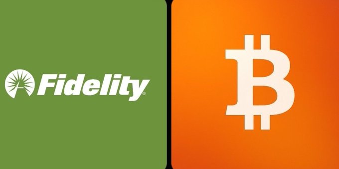 The image is a split graphic featuring the Fidelity logo on a green background (left) alongside the Bitcoin "₿" symbol on an orange background (right), visually representing Fidelity's institutional Bitcoin purchases mentioned in the post.