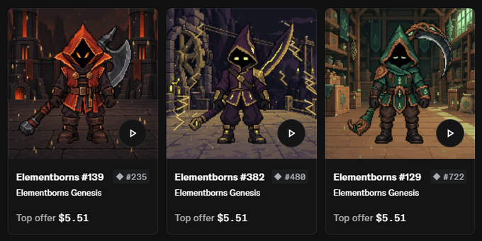 Three NFT listings from the 'Elementborns Genesis' collection are displayed, showing Elementborns #139, #382, and #129, each priced at a top offer of $5.51 with varying diamond counts (#235, #480, #722).