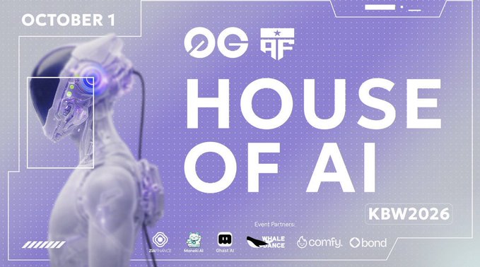 Promotional graphic for 'House of AI' at KBW2026 on October 1, featuring a robotic figure and event partners like ZeeNode, MonadAI, Ghost AI, Whale Finance, Comfy, and Obond.