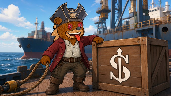 An illustration of a pirate-themed cartoon bear with X-shaped eyes and a red coat standing on a dock next to a wooden crate marked with a dollar sign, with cargo ships in the background.