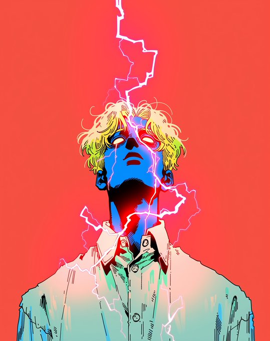 A stylized comic-book illustration depicts a blonde-haired figure with their head tilted back as bright lightning bolts strike down against a vibrant red background.